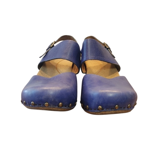 Dansko Women’s 36 Blue Leather Thea Strappy Heeled Clog Sandals - Picture 3 of 9